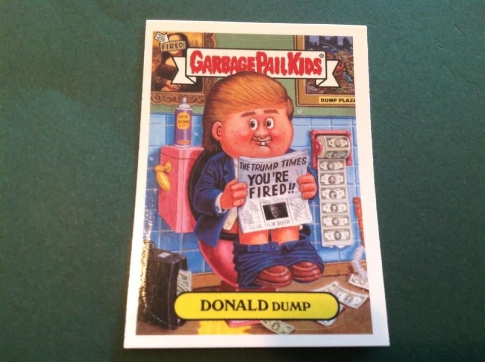 <p><b>Old School Donald Dump</b></p><p>A 2004 version of The Donald’s Garbage Pail Kid card is selling for a whopping $500 on eBay. The artwork is just as nuanced as the newer version, but with a few distinct touches, like dollar-bill toilet paper. <i>(Photo: <a href="http://www.ebay.com/itm/RARE-2004-Topps-Garbage-Pail-Kids-DONALD-TRUMP-As-DONALD-DUMP-19-Pre-President/151954752780" rel="nofollow noopener" target="_blank" data-ylk="slk:eBay/;elm:context_link;itc:0;sec:content-canvas" class="link ">eBay/</a><a href="http://www.ebay.com/usr/sc1bo2co3je4?_trksid=p2047675.l2559" rel="nofollow noopener" target="_blank" data-ylk="slk:sc1bo2co3je4;elm:context_link;itc:0;sec:content-canvas" class="link ">sc1bo2co3je4</a>)</i></p>