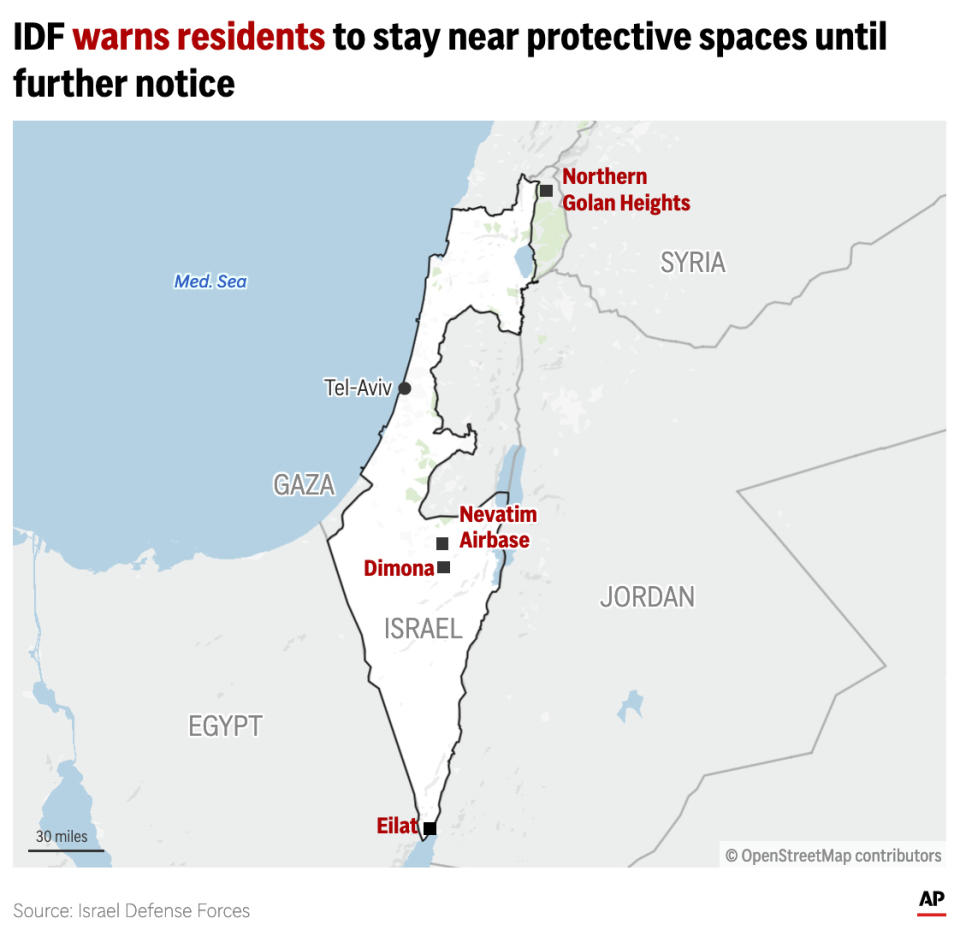 The map above locates sites in and near Israel which the IDF has issued protective warnings to residents. (AP Graphic)