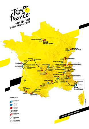 A map of the itinerary of the 2020 Tour de France cycling race, is seen in this handout picture released by ASO