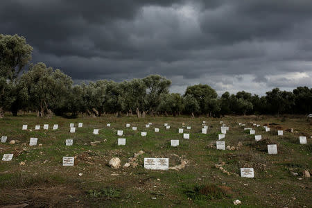 Tombstones placed on graves of refugees and migrants some of whom drowned at sea during an attempt to cross a part of the Aegean Sea from the Turkish coast, are seen on a field provided by the municipality to be used as a cemetery near the village Kato Tritos on the island of Lesbos, Greece, December 1, 2017. REUTERS/Alkis Konstantinidis