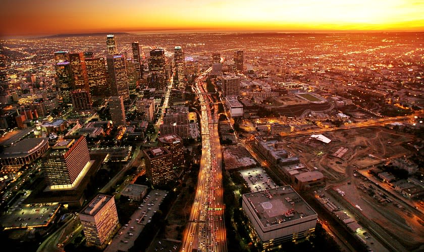 View of the 110 freeway slicing through downtown Los Angeles photographed from a helicopter, Nov. 8, 2006. 117307.ME.1108.aerial.2.WJS