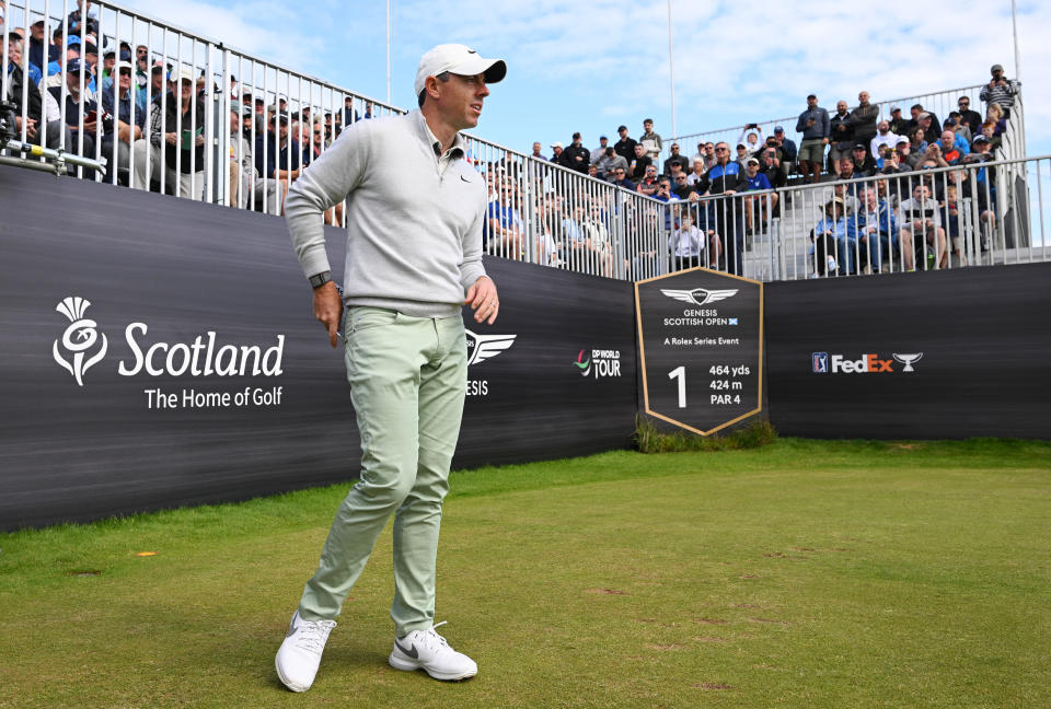 NORTH BERWICK, SCOTLAND - JULY 13: Rory McIlroy of Northern Ireland looks on from the 1st tee during Day One of the Genesis Scottish Open at The Renaissance Club on July 13, 2023 in United Kingdom. (Photo by Octavio Passos/Getty Images)