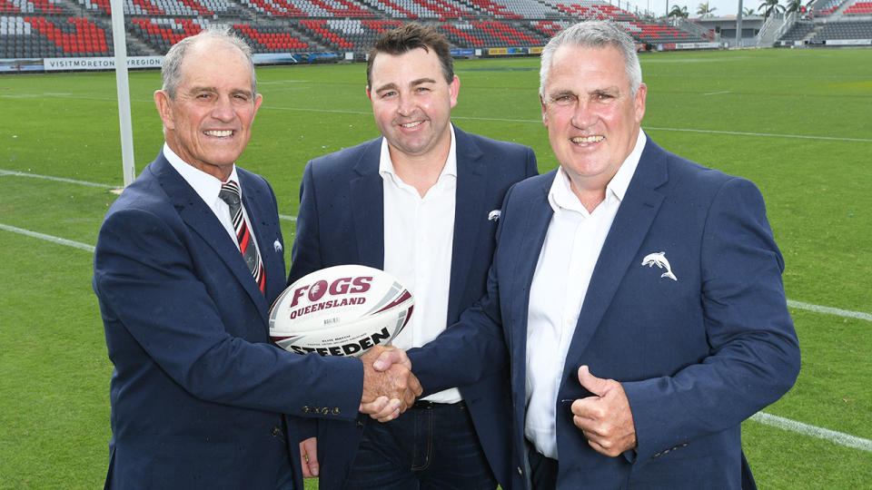 Seen here, Dolphins bosses Bob Jones (left), Terry Reader and Tony Murphy pose for photo at the new NRL club's unveiling.