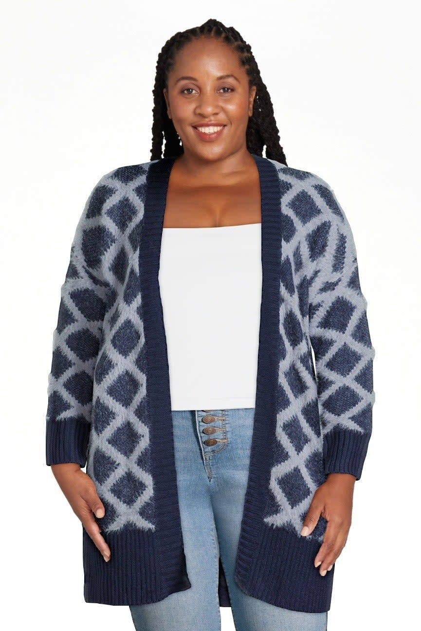 model wearing the blue patterned cardigan