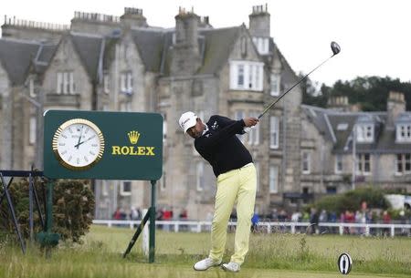 Anirban Lahiri of India hits his tee shot on the second hole during the third round of the British Open golf championship on the Old Course in St. Andrews, Scotland, July 19, 2015. REUTERS/Russell Cheyne