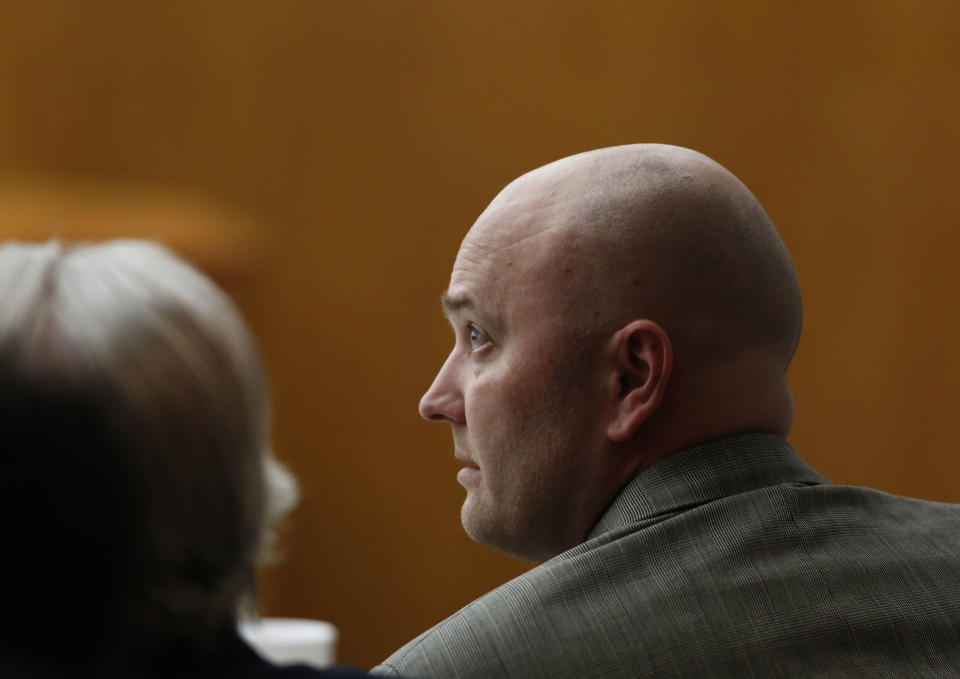 Fired Balch Springs police officer Roy Oliver, who was convicted for the murder of 15-year-old Jordan Edwards, sits during the sentencing phase at the Frank Crowley Courts Building in Dallas on Wednesday, Aug. 29, 2018. Oliver was sentenced to 15 years in prison Wednesday night, after being convicted of murdering Edwards, an unarmed boy when he fired into a car packed with black teenagers leaving a house party in suburban Dallas. (Rose Baca/The Dallas Morning News via AP, Pool)