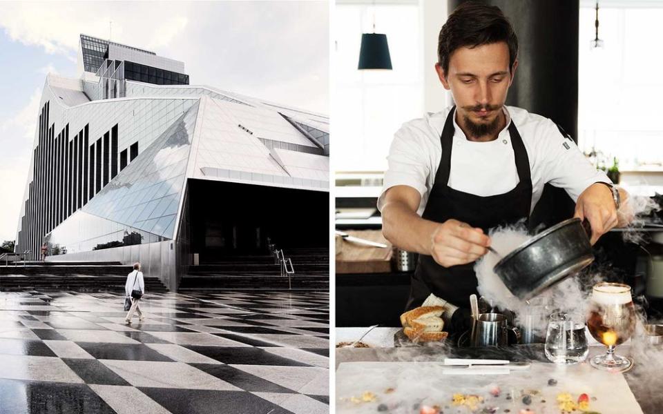 From left: The new building for the National Library of Latvia, designed by Latvian-born American architect Gunnar Birkerts, in the heart of Riga; Art?rs Trinkuns, a chef at Riga’s 3 Pavaru.