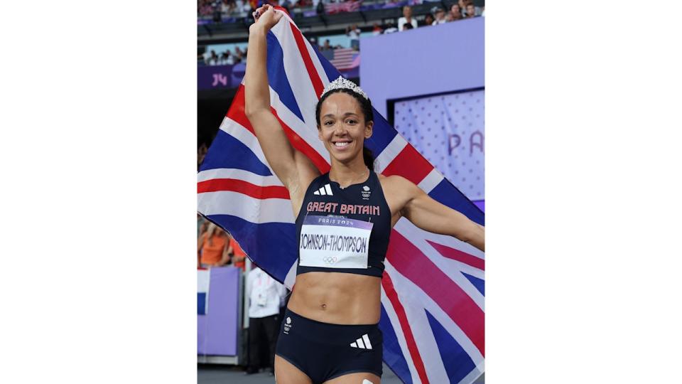 Silver medalist Katarina Johnson-Thompson celebrates after the Women's Heptathlon 800m final