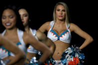 <p>A Miami Dolphins cheerleader performs during a game against the Oakland Raiders at Hard Rock Stadium on November 5, 2017 in Miami Gardens, Florida. (Photo by Mike Ehrmann/Getty Images) </p>