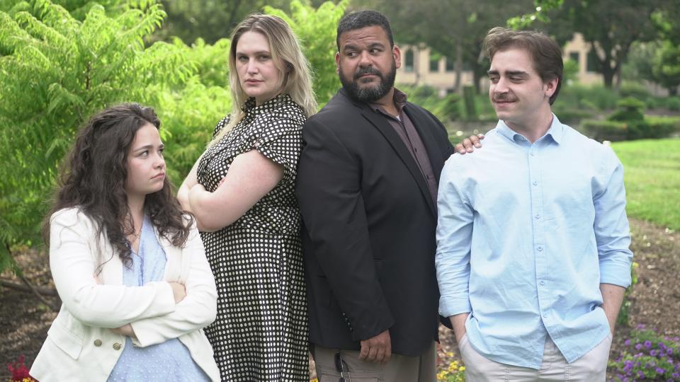 Left to right, Kate Giffin with Cat McAlpine, John Michael Holmes, and John Cuozzo in the Actors’ Theatre of Columbus production of "Love’s Labour’s Lost," which opens Thursday and runs through Aug. 13.