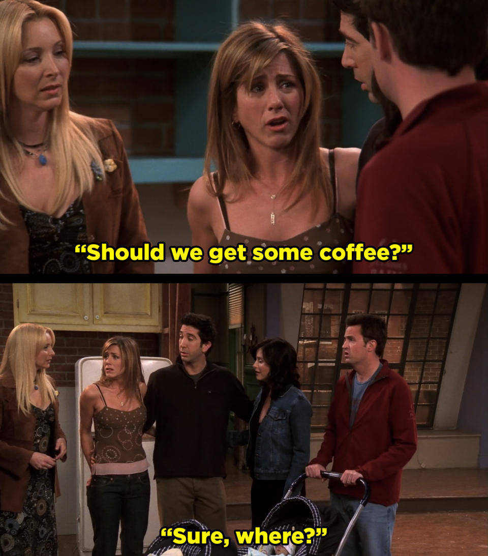 As the group leaves the apartment for the last time, Rachel suggests they get coffee, and Chandler jokingly asks where.