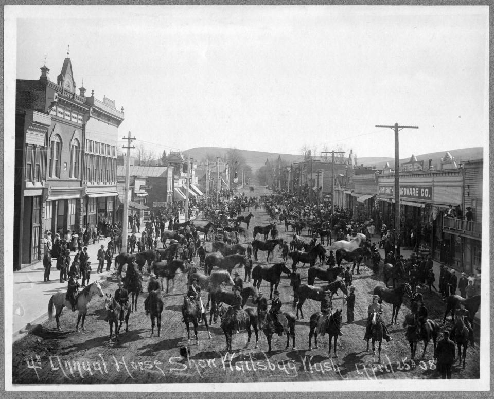 The annual horse show on Main Street in Waitsburg, Washington on April 25, 1908.