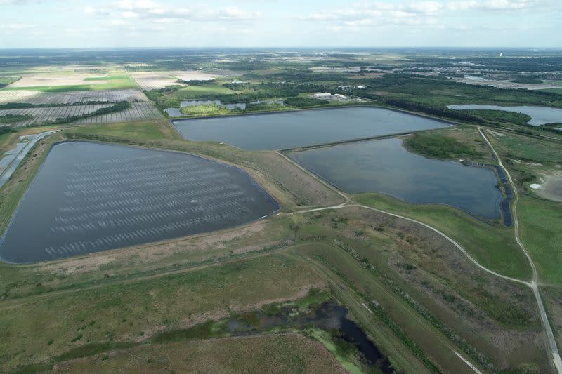 A reservoir of an old phosphate plant is seen in an aerial photograph taken in Piney Point