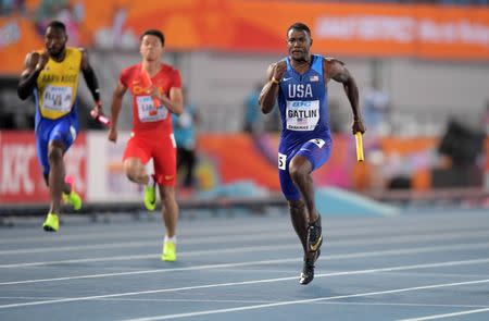 Apr 22, 2017; Nassau, Bahamas; Justin Gatlin runs the anchor leg on the United States 4 x 100m relay that won in 38.43 during the IAAF World Relays at Thomas A. Robinson Stadium. Mandatory Credit: Kirby Lee-USA TODAY Sports