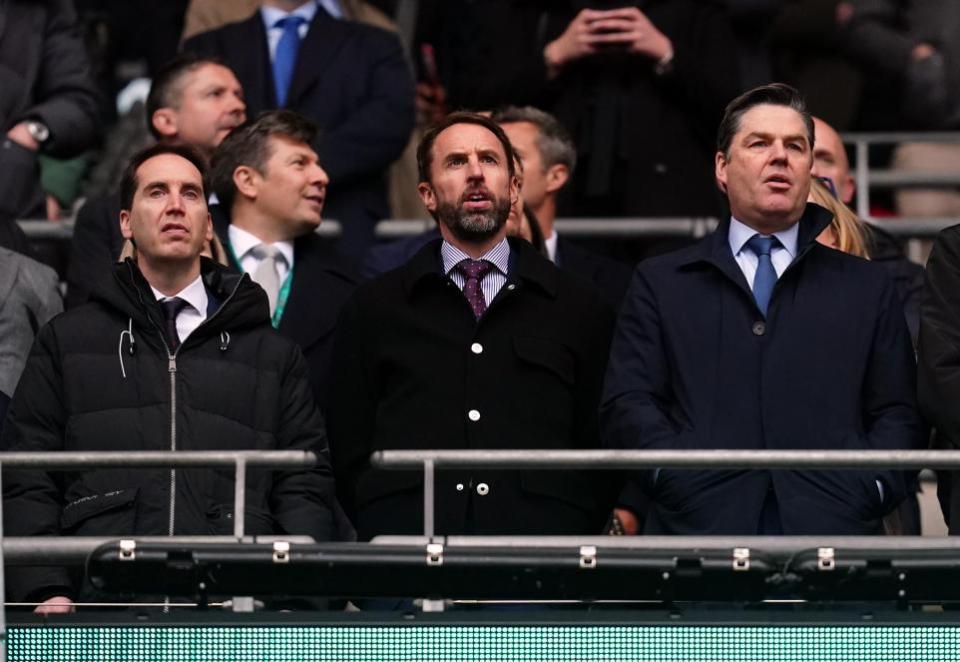 Watford Observer: FA chief executive Mark Bullingham (left) and Premier League CEO Richard Masters (right) with England manager Gareth Southgate at Wembley.