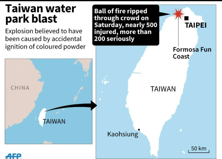 Map locating the Formosa Fun Coast water park in Taiwan where nearly 500 party goers were injured Saturday night when coloured powder ignited