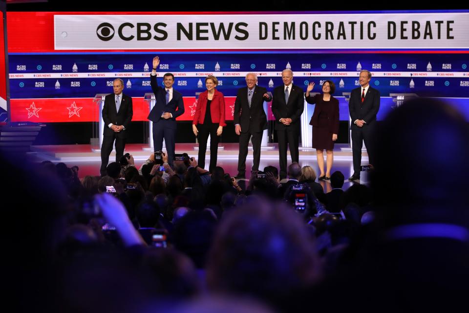 Democratic presidential candidates (L-R) former New York City Mayor Mike Bloomberg, former South Bend, Indiana Mayor Pete Buttigieg, Sen. Elizabeth Warren (D-MA), Sen. Bernie Sanders (I-VT), former Vice President Joe Biden, Sen. Amy Klobuchar (D-MN), and Tom Steyer walk on stage prior to the Democratic presidential primary debate at the Charleston Gaillard Center on Feb. 25, 2020 in Charleston, S. C.. Seven candidates qualified for the debate, hosted by CBS News and Congressional Black Caucus Institute, ahead of South Carolinas primary in 4 days.