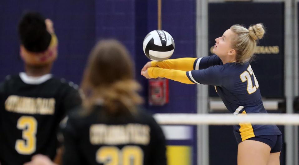 Copley's Kayla Kemer sends the ball back over the net during the first set of a volleyball match against Cuyahoga Falls, Tuesday, Sept. 6, 2022, in Copley, Ohio.