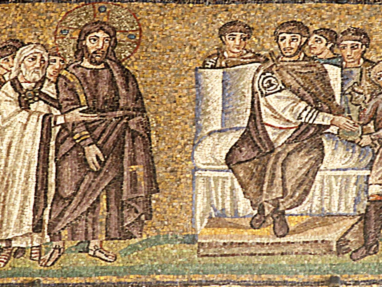 <p>This remarkable mosaic of Pontius Pilate’s trial of Jesus is the earliest known image of the event. It is one of a large number of superbly preserved mosaics in the churches of Ravenna, Italy</p> (José Luiz Bernardes Ribeiro/CC BY-SA 4.0)