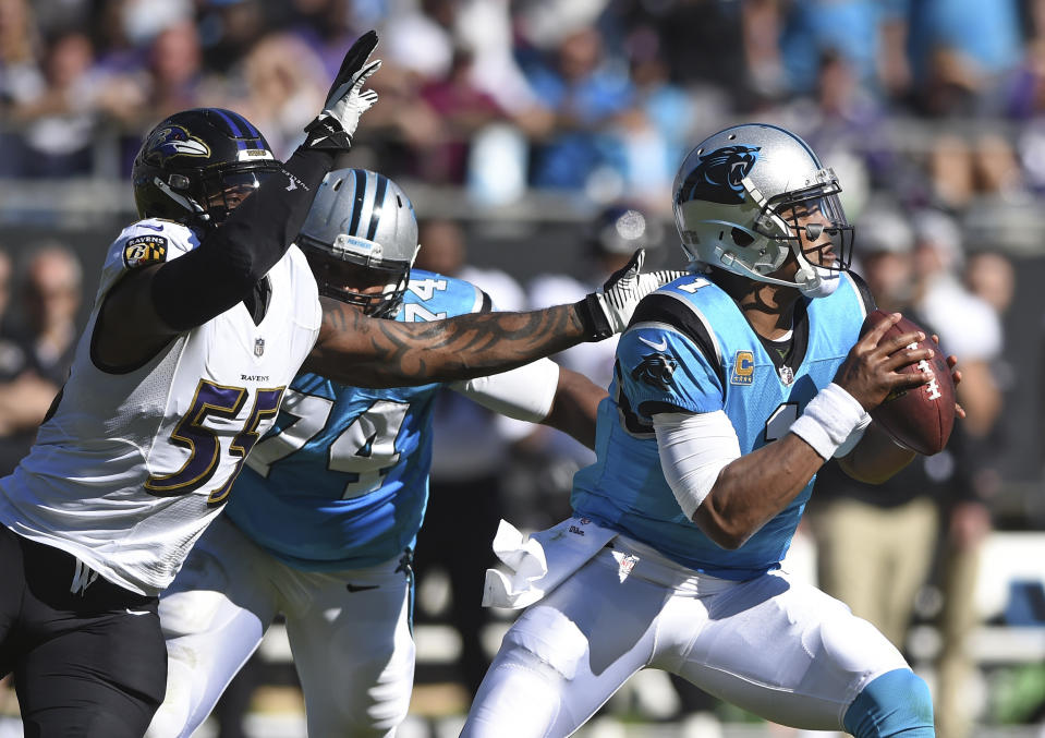 Terrell Suggs could terrorize a reeling Andy Dalton in Week 11. (AP Photo/Mike McCarn)