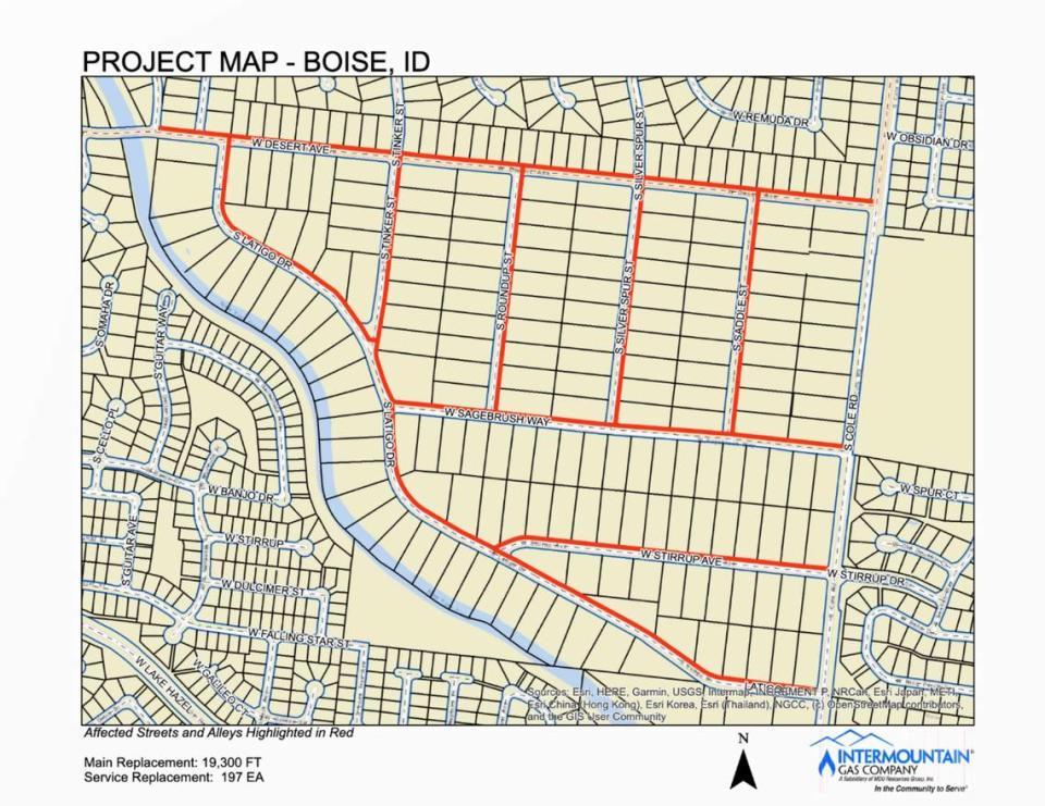 Intermountain Gas plans to replace existing pipelines and service lines west of Cole Road and south of Desert Avenue in Boise. The areas outlined in red on the map show what streets will be affected. Intermountain Gas