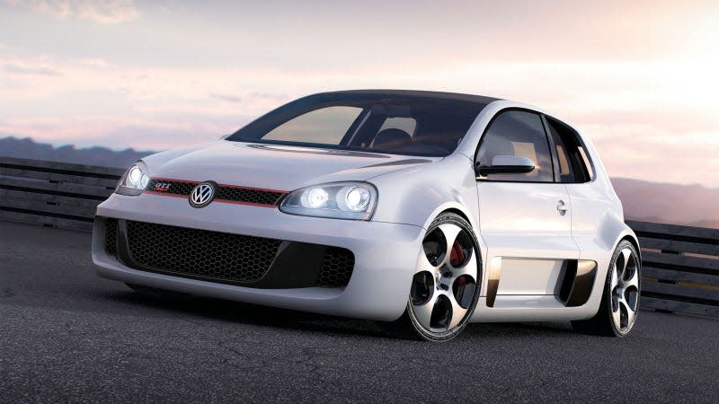 A photo of a white VW Golf hatchback with a W12 engine.