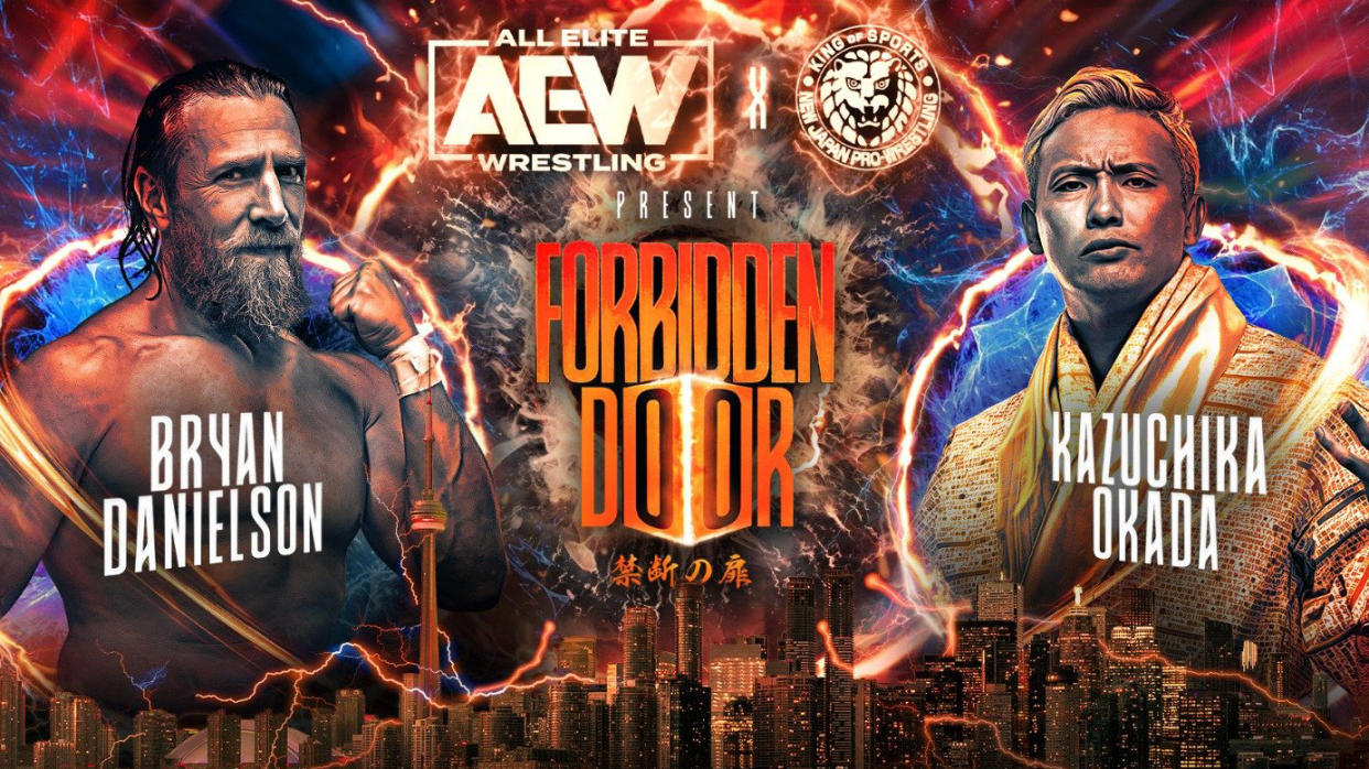  (L, R) Brian Danielson and Kazuchika Okada in a match graphic for the AEW Forbidden Door live strea 