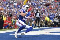 Buffalo Bills tight end Dawson Knox catches a pass for a touchdown during the first half of an NFL football game against the Las Vegas Raiders, Sunday, Sept. 17, 2023, in Orchard Park, N.Y. (AP Photo/Adrian Kraus)