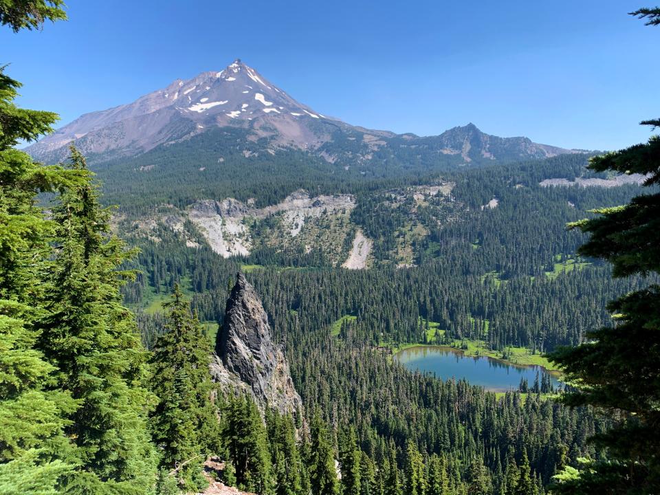 Mount Jefferson rises above Hanks Lake from a high alpine trail in the Mount Jefferson Wilderness.