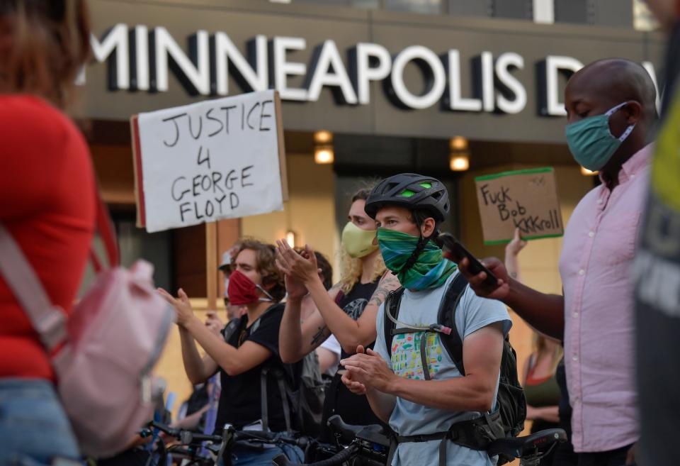 Protesters rally at the downtown Minneapolis First Precinct on Wednesday, June 3, 2020. George Floyd died in Minneapolis police custody on May 25, 2020.