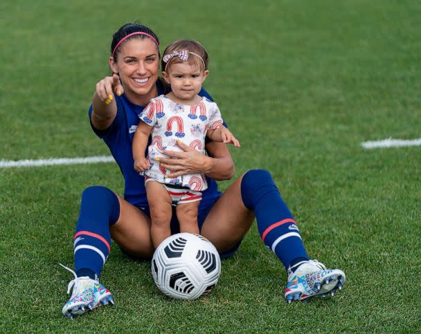 PHOTO: In this July 4, 2021 file photo Alex Morgan poses with her daughter, Charlie Carrasco at the practice fields in Hartford, Conn. (Brad Smith/ISI Photos/Getty Images, FILE)