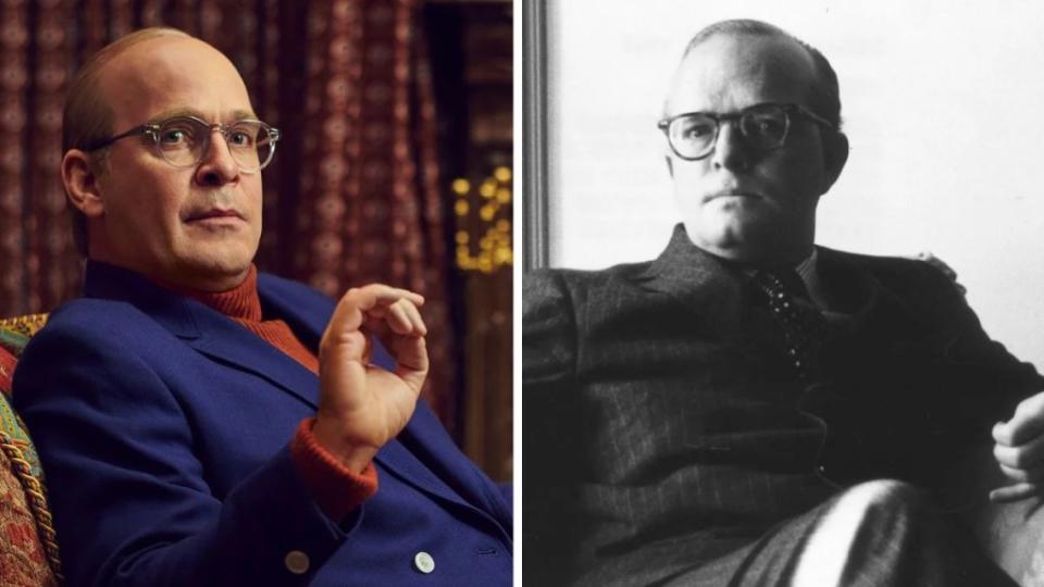 Tom Holland as Truman Capote in "Feud: Capote Vs. The Swans" and the real Truman Capote (FX)