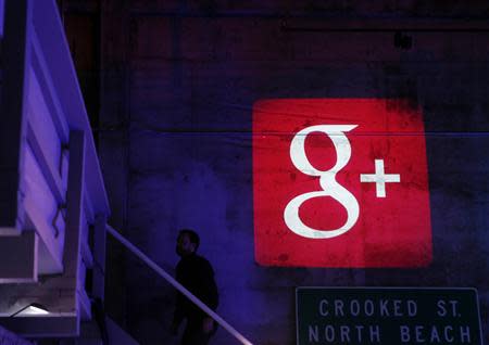 The Google Plus logo is projected on to the wall during a Google event in San Francisco, California, October 29, 2013. REUTERS/Beck Diefenbach