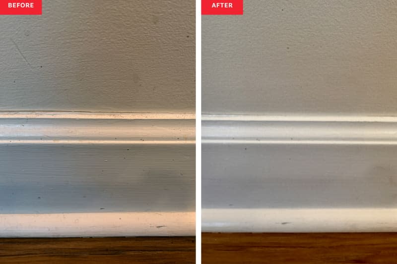 Side by side of baseboards before and after being cleaned with a magic eraser