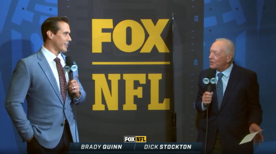 In a 2020 image from video provided by Fox Sports, Dick Stockton, right, works with Brady Quinn during an NFL football game on Fox. Stockton has done his final game on network television after a 55-year career that included stints with Fox, CBS and NBC. He has cut back on work in recent years, doing only NFL games for Fox and said during a telephone interview Friday that he had been contemplating retirement for the past year. (Fox Sports via AP)