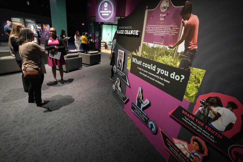 A new traveling exhibit titled "Emmett Till and Mamie Till-Mobley: Let the World See" tells the story of Emmett Till and his mother in the context of the larger Civil Rights Movement, seen during an exhibit preview on Wednesday, Sept. 14, 2022, at The Children's Museum of Indianapolis. In 1955, Emmett, who was Black, was visiting family in Mississippi when he was kidnapped, beaten and killed by white men who accused the 14-year-old of whistling at a white woman. They dumped his body in the Tallahatchie River. Till's mother held an open casket funeral and said, "let the world see what they did to my boy."