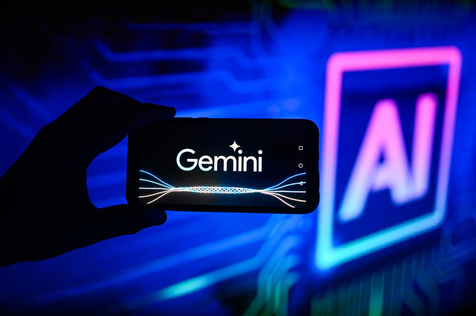 POLAND - 2023/12/07: In this photo illustration a Google Gemini logo is displayed on a smartphone with Artificial Intelligence symbol in the background. (Photo Illustration by Omar Marques/SOPA Images/LightRocket via Getty Images)