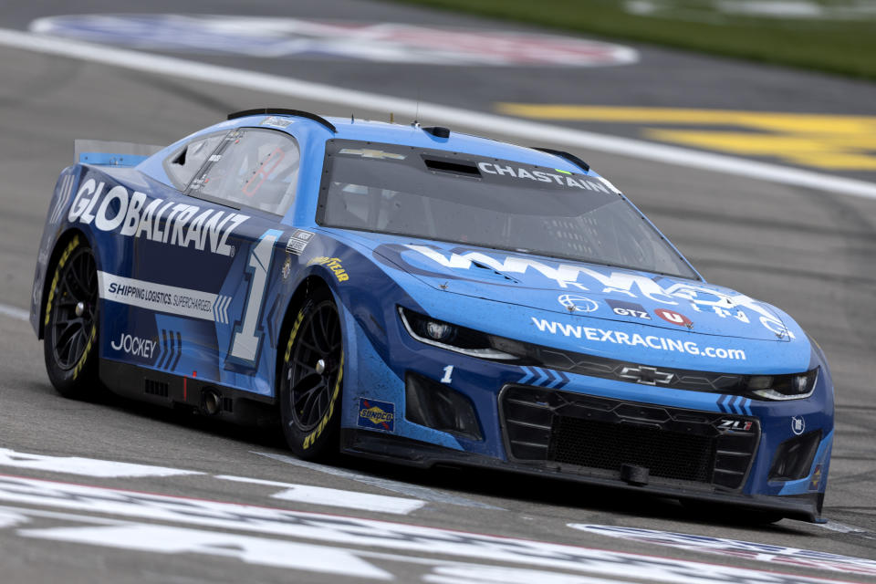 Ross Chastain (1) rounds the track during a NASCAR Cup Series auto race on Sunday, March 5, 2023, in Las Vegas. (AP Photo/Ellen Schmidt)