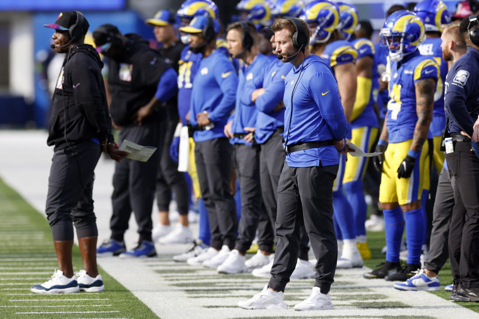 Los Angeles Rams head coach Sean McVay, right, stands on the sideline during the second half of an NFL football game against the Philadelphia Eagles Sunday, Oct. 8, 2023, in Inglewood, Calif. (AP Photo/Kevork Djansezian)