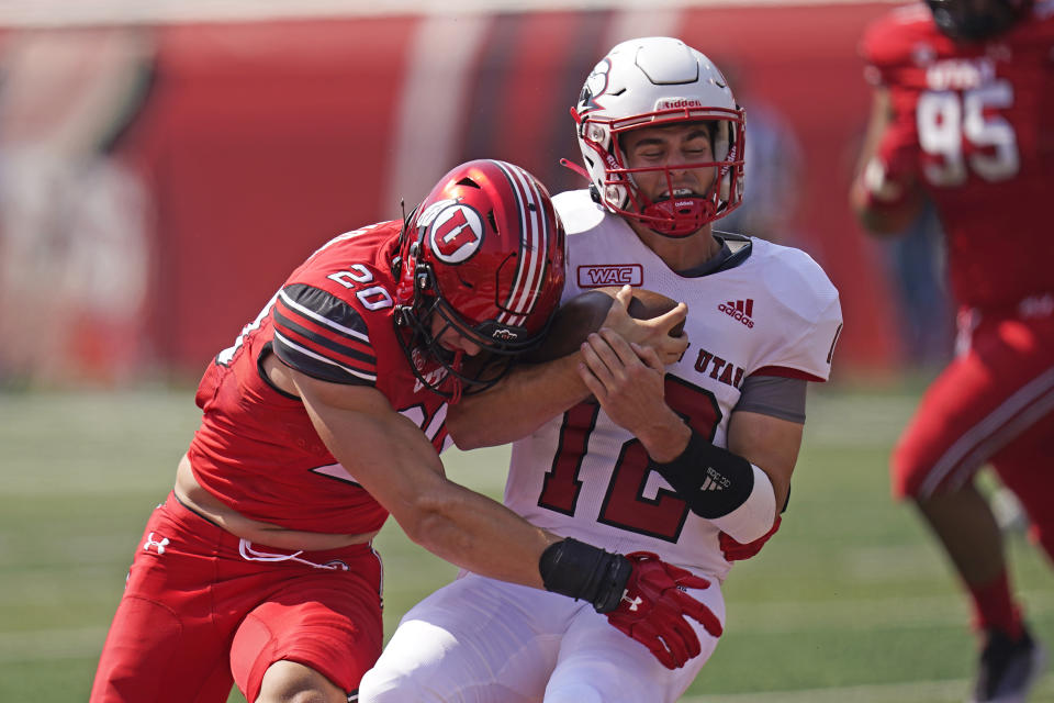 Utah linebacker Lander Barton sacks Southern Utah quarterback Justin Miller during the first half of an NCAA college football game, Saturday, Sept. 10, 2022, in Salt Lake City. (AP Photo/Rick Bowmer)