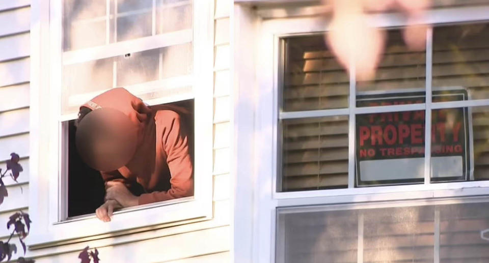 A person hanging out the window of the Clinton home (left) and a sign warning against trespassing in the window of the house (right).