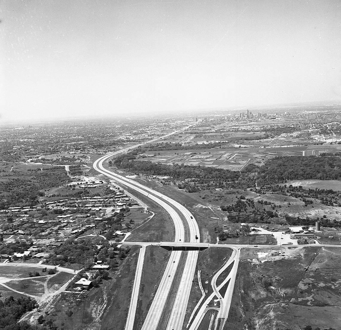 April 15, 1964: Superimposed on this aerial photo of the Fort Worth-Dallas Turnpike are new entrance and exit ramps to be constructed at Oakland Boulevard (foreground) and Beach Street (in the distance). The ramps made access easier to east Fort Worth without paying a 10-cent toll.