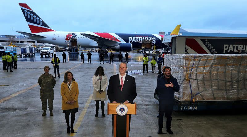 A New England Patriots Boeing 767-300 jet with a shipment of over one million N95 masks from China, which will be used in Boston and New York to help fight the spread of the coronavirus disease (COVID-19), arrives at Logan Airport, Boston, Massachusetts