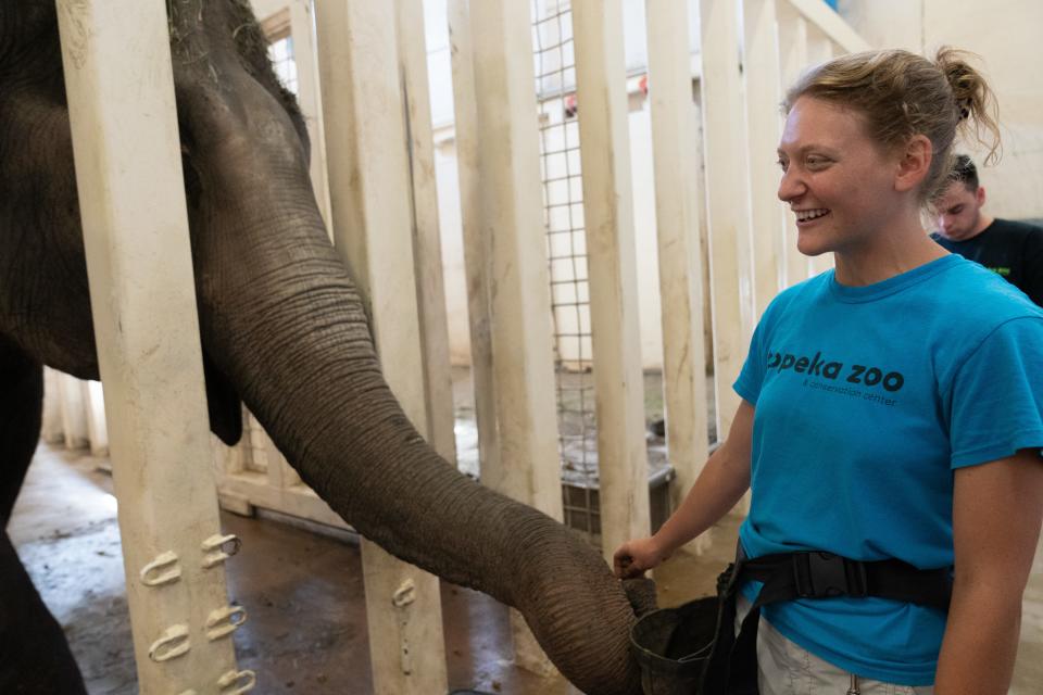 Zookeeper Rachel McNemee talks with Cora as she feeds the 65-year-old Asian elephant grain treats Thursday morning.