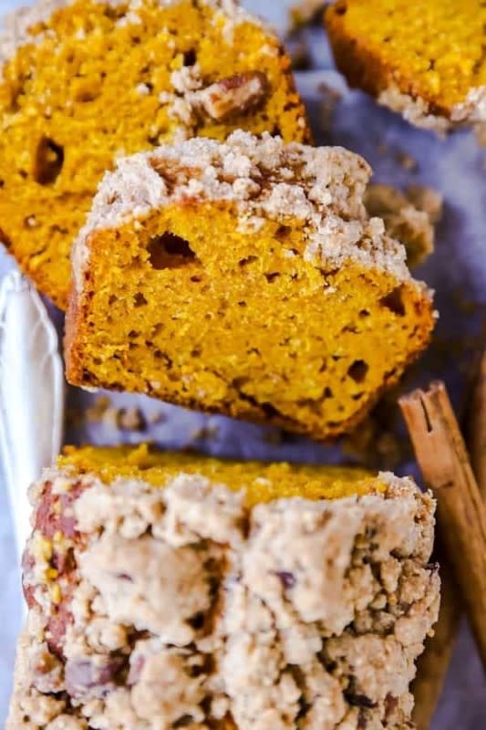 <p>Savory Nothings</p><p>Don’t skip this classic fall quick bread this year, just because! Makes two loaves, so you’ll have one as a cozy homemade gift idea. </p><p><strong>Get the recipe: <em><a href="https://www.savorynothings.com/pumpkin-bread-recipe/" rel="nofollow noopener" target="_blank" data-ylk="slk:Cinnamon Pecan Streusel Pumpkin Bread;elm:context_link;itc:0;sec:content-canvas" class="link ">Cinnamon Pecan Streusel Pumpkin Bread</a></em></strong></p>