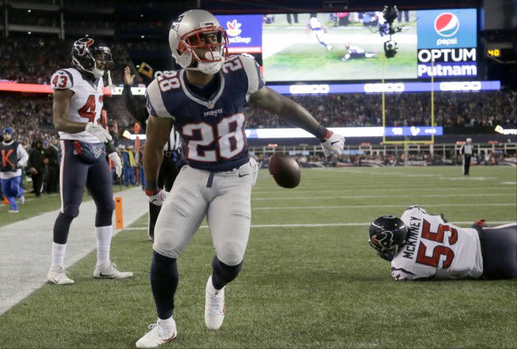 James White celebrates a touchdown in the Patriots' win over Houston. (AP)