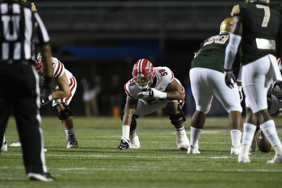 Right guard O'Cyrus Torrence, who is joining Florida after two seasons with the Ragin' Cajuns, sits in his stance during UL's 2020 win over UAB at Legion Field in Birmingham.