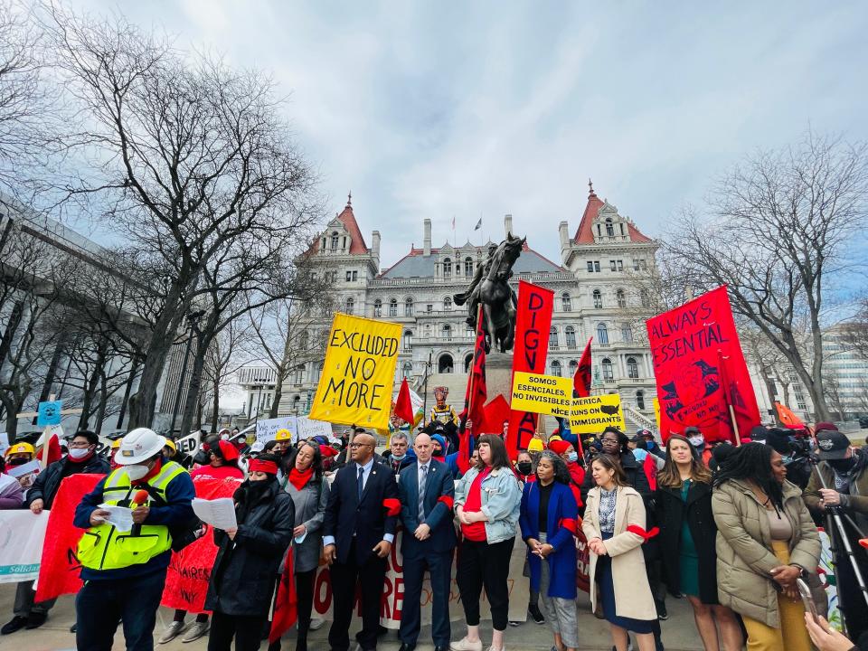 Advocates, residents and state lawmakers rallied in Albany on March 23, 2022, in support of funding and policies for excluded workers and undocumented New Yorkers ahead of the state's budget deadline.