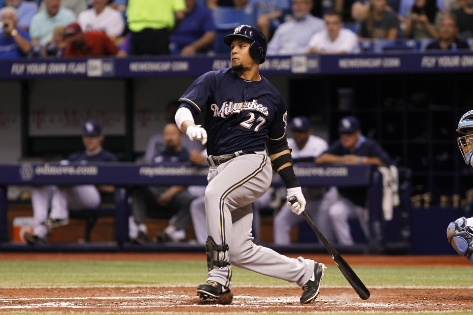 Carlos Gomez密爾瓦基釀酒人時期。（MLB Photo by Mark LoMoglio/Icon SMI/Corbis/Icon Sportswire via Getty Images）