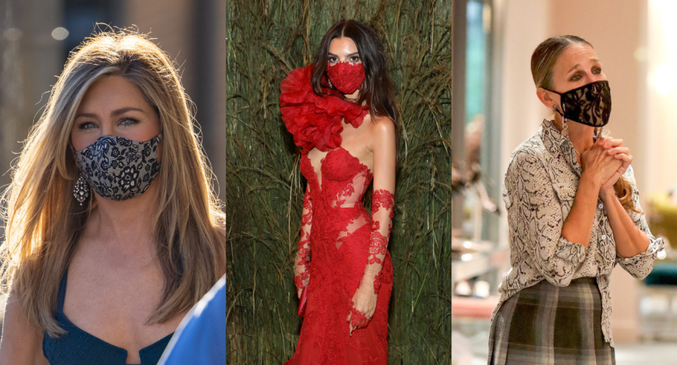 Jennifer Aniston, Emily Ratajkowski, and Sarah Jessica Parker wearing lace face masks 